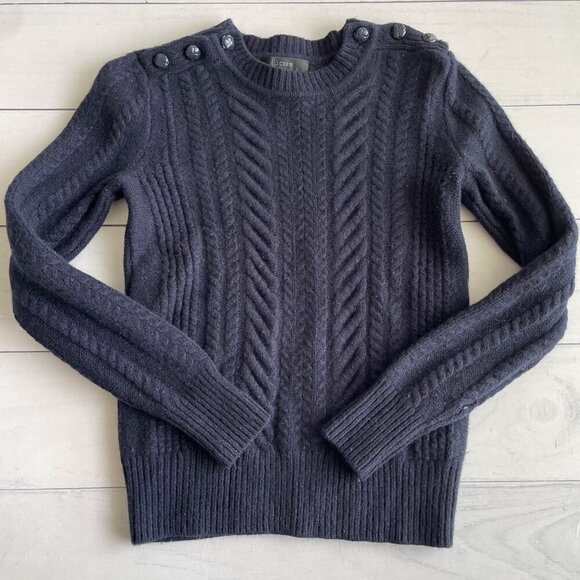 J. Crew Girl's 100% Wool Cable Knit Crew Neck Sweater, Navy Blue - Picture 2 of 10